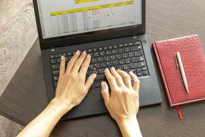 coup de une femme travail sur le portable montrant un exceller feuille sur le écran avec banque prêt amortissement tableau. la finance photo