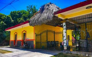 Tulum quintane roo Mexique 2023 typique coloré rue route circulation voitures paumes de Tulum Mexique. photo