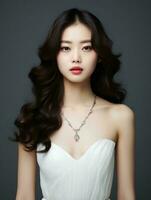 ai généré portrait de magnifique Jeune coréen femme avec longue noir ondulé cheveux, portant blanc robe, diamant collier, isolé blanc arrière-plan, ai génératif photo