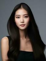 ai généré magnifique Jeune asiatique femme longue tout droit cheveux avec coréen style maquillage et parfait nettoyer peau sur isolé blanc arrière-plan, ai génératif photo