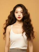 ai généré magnifique Jeune asiatique femme portant réservoir Haut avec longue frisé cheveux, coréen style maquillage et parfait peau sur un isolé arrière-plan, ai génératif photo