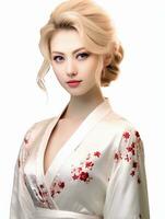 ai généré portrait de Jeune blond Japonais femelle modèle portant kimono posant gracieusement, isolé blanc arrière-plan, génératif ai photo