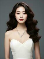 ai généré portrait de magnifique Jeune coréen femme avec longue noir ondulé cheveux, portant blanc robe, diamant collier, isolé blanc arrière-plan, ai génératif photo