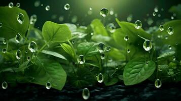 ai généré l'eau gouttes sur vert feuille photo