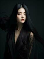 ai généré portrait de magnifique asiatique femme avec longue noir cheveux sur isolé arrière-plan, ai génératif photo