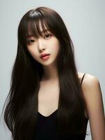 ai généré portrait de magnifique Jeune coréen femme avec longue tout droit cheveux avec doux frange, ai génératif photo