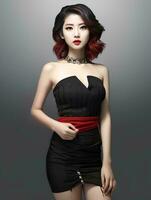 ai généré magnifique coréen fille avec bob cheveux, portant une maigre robe, rouge lèvres, tonique estomac, génératif ai photo
