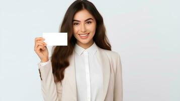 ai généré de bonne humeur magnifique Jeune femme d'affaires en portant plaine affaires carte pour maquette matériel, plaine carte sans pour autant texte, studio photo, isolé blanc Contexte photo