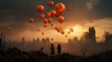 ai généré les enfants avec des ballons plus de le ville brûlant destruction dû à guerre conflit, tremblement de terre ou Feu et fumée de monde guerre photo