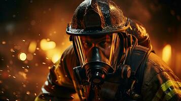 ai généré portrait de sapeur pompier dans uniforme et masque. sapeur pompier dans action photo