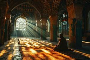 ai généré musulman homme prier à une mosquée avec lumière du soleil effet. adorer Dieu. génératif ai photo