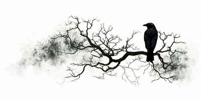 ai généré corbeau perché sur une arbre branche isolé sur blanc Contexte. corbeau. génératif ai photo