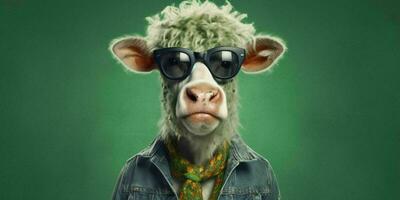 ai généré portrait de cool et marrant vache portant des lunettes dans studio Contexte. génératif ai photo