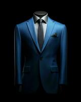 ai généré élégant bleu Pour des hommes costume isolé sur noir Contexte. génératif ai photo