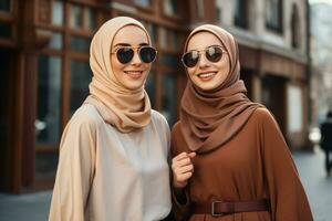 ai généré deux Jeune musulman femmes souriant ensemble sur une rue photo