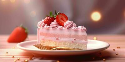 ai généré une tranche de sucré rose gâteau avec des fraises et crème sur Haut. génératif ai photo