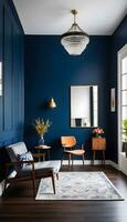 ai généré une confortable vivant pièce avec bleu des murs et magnifique en bois planchers photo
