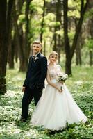 le jeune marié et le la mariée sont en marchant dans le forêt photo