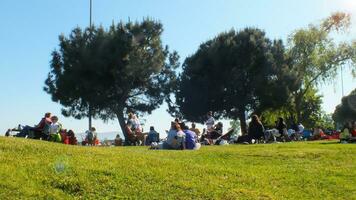 gens pique-nique sur le herbe par le mer. groupe de gens séance sur pliant chaises sur le herbe à le fin de semaine. sélectif se concentrer, bruit et grain inclus. suadiye, Istanbul, dinde - mai 21, 2022. photo