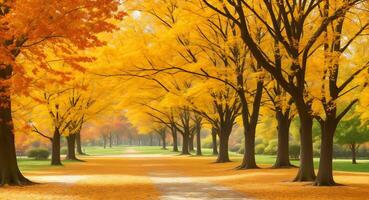 ai généré vide parc chemin doublé avec bancs en dessous de vibrant l'automne des arbres photo