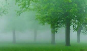 ai généré Matin brouillard dans le forêt, doux concentrer et flou la nature Contexte. photo