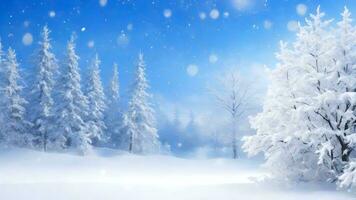 ai généré hiver Noël Contexte. hiver bleu ciel avec chute neige, flocons de neige avec une hiver paysage photo