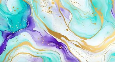 ai généré menthe, violet et turquoise liquide aquarelle Contexte avec d'or briller coups de pinceau et lignes. coloré Contexte photo