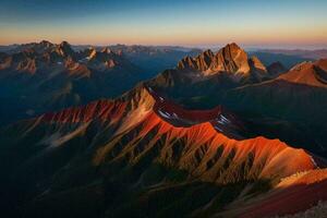 ai généré ardent le coucher du soleil plus de Montagne crêtes photo