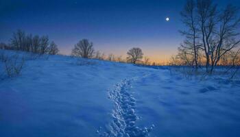 ai généré empreintes dans neige à le coucher du soleil photo