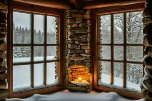 ai généré fenêtre avec bougie allumé dans le neige photo