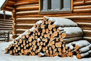 ai généré en bois journaux dans hiver photo