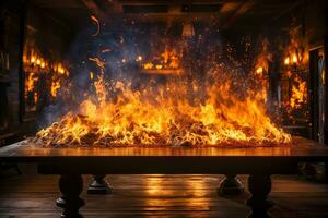 ai généré en bois table avec Feu brûlant sur bord de tableau, Feu particules, des étincelles et fumée dans air. photo