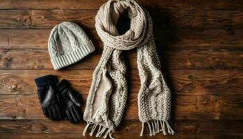 ai généré paire de gants, chapeau et écharpe sur en bois table photo