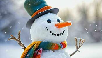 ai généré bonhomme de neige portant Haut chapeau et écharpe photo