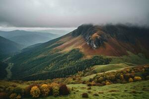 ai généré brumeux montagnes avec coloré feuillage photo