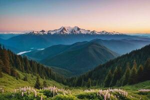 ai généré le coucher du soleil au milieu de le alpin fleurs sauvages photo