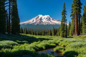 ai généré volcanique de pointe au milieu de fleurs sauvages photo