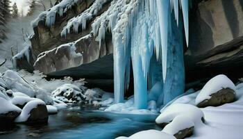 ai généré cascade couvert dans neige et la glace photo