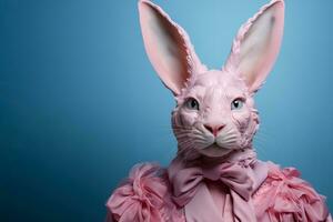 ai généré élégant et cool lièvre ou lapin avec rose veste sur bleu Contexte. photo