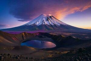 ai généré crépuscule lueur sur neigeux volcan photo