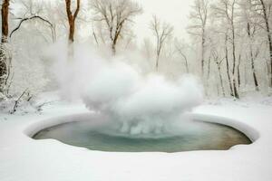 ai généré chaud printemps soufflant vapeur dans neige photo