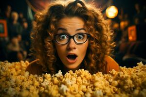 ai généré excité Jeune femme effrayé sous le choc ou impressionné en portant une lot de énorme bouquet de Popcorn. prendre plaisir en train de regarder horreur film ou Thriller en francais dans le cinéma salle. photo