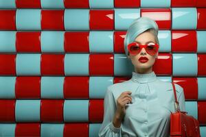 ai généré portrait de une magnifique Jeune femme portant une bleu cuir veste, des lunettes de soleil contre une rouge et bleu mur. photo