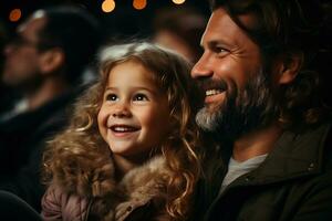 ai généré une amusement famille est en train de regarder une film à le théâtre. une père et le sien fille sont dépenses le fin de semaine ensemble. photo