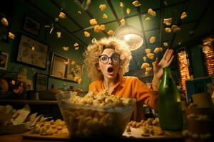 ai généré excité Jeune femme effrayé sous le choc ou impressionné en portant une lot de énorme bouquet de Popcorn. prendre plaisir en train de regarder horreur film ou Thriller en francais dans le cinéma salle. photo