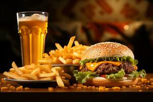 ai généré une Burger et frites et une verre de bière. photo