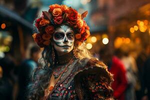 ai généré fermer de une Jeune femme avec maquillage à le journée de le mort fête. photo