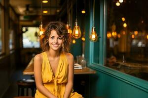 ai généré une mince Jeune femme avec foncé cheveux dans une Jaune robe à une petit tableau. photo