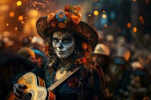 ai généré fermer de une Jeune femme avec maquillage et en portant une guitare à une journée de le mort fête. photo