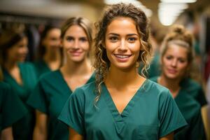 ai généré souriant infirmière dans vert manteau des stands dans de face de les patients pièce dans hôpital. photo